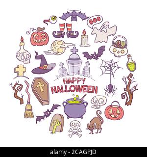 Halloween cartoon elements collection. Cute background with hand drawn cartoon elements of Halloween celebration. Vector illustration isolated on whit Stock Vector