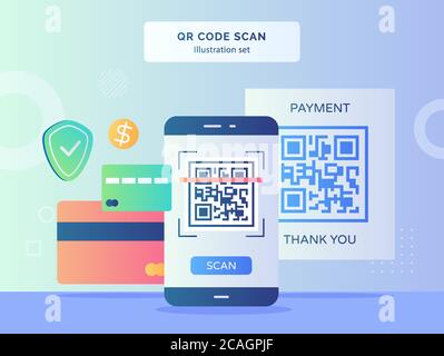 QR code scan illustration set QR code on display smartphone screen background of bank card shield dollar with flat style Stock Vector
