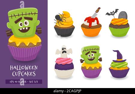 Halloween cupcake set. Cute scary desserts, perfect for party invitations. Vector illustration isolated on a white background. Set 3 of 3. Stock Vector