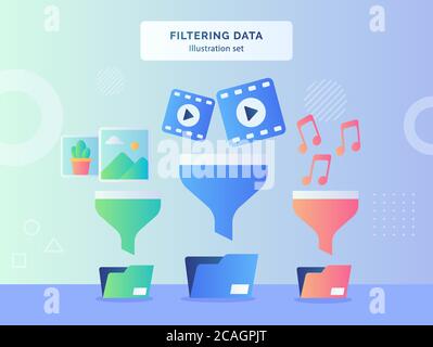 Filtering data illustration set picture video music on funnel to file folder flat style Stock Vector