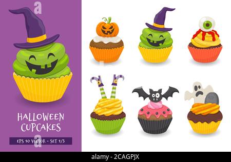 Halloween cupcake set. Cute scary desserts, perfect for party invitations. Vector illustration isolated on a white background. Set 1 of 3. Stock Vector