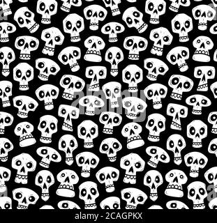 Skulls seamless pattern. Cute hand drawn halloween skulls in cartoon style. Vector illustration, isolated on black background. Stock Vector