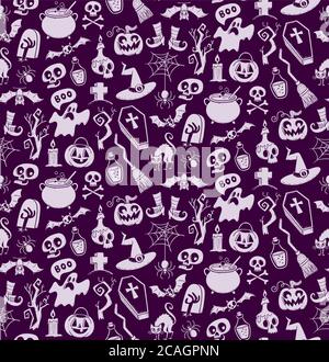 Halloween seamless pattern of hand drawn halloween icons. Perfect for backgrounds, wallpapers and fabric design. Vector illustration. Stock Vector