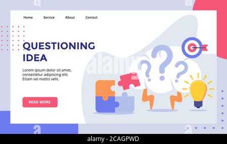 Questioning idea brain lightning background of bright bulb puzzle campaign for web website home homepage landing page template banner with flat style Stock Vector