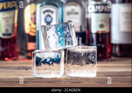Crystal clear ice cubes on the bar counter Stock Photo