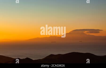 View from Spain across Straits of Gibraltar to Morocco in Africa.  Two continents.  Taken from near Tarifa, Cadiz Province, Andalusia, southern Spain. Stock Photo