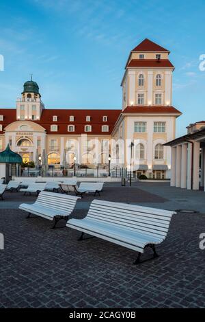 05 August 2020, Mecklenburg-Western Pomerania, Binz: Benches stand in front of the Kurhaus of the largest seaside resort on the island of Rügen. Photo: Stephan Schulz/dpa-Zentralbild/ZB Stock Photo