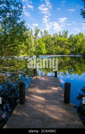 Jetty and pond. Finnish Forest, Rascafria, Madrid province, Spain. Stock Photo