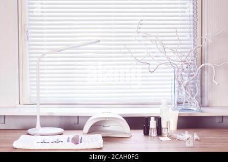 Interior of empty modern nail work place. Work places for masters of manicure Stock Photo