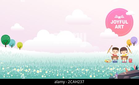 Children art education, cute children painting in park. Nature landscape background, vector illustration. Stock Vector
