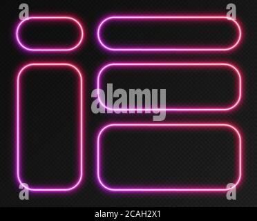 Neon gradient frames set, collection of purple-red glowing rounded rectangle borders. Colorful illuminated banners. Stock Vector