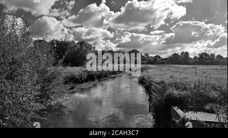 The Blackwater river crosses the meadows in this black and white photo taken on a bright autumn day Stock Photo