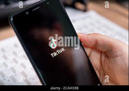 Seoul, South Korea - July 2020: Tik Tok application icon on smartphone screen close-up. Stock Photo