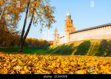 Veliky Novgorod, Russia. Kokui and Prince towers of Veliky Novgorod Kremlin fortress in sunny autumn day. Focus at the fortress Stock Photo