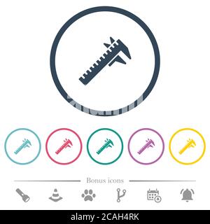 Caliper flat color icons in round outlines. 6 bonus icons included. Stock Vector