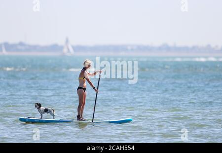 Calshot, New Forest. 7th August 2020. UK Weather. Visitors to Calshot beach on what is expected to be the hottest day of the year. A woman and her dog paddle boarding on The Solent. Credit Stuart Martin/Alamy Live News Stock Photo