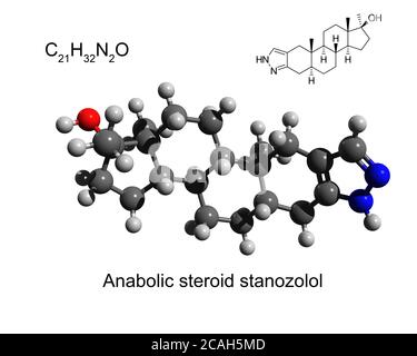 Chemical formula, structural formula and 3D ball-and-stick model of anabolic steroid stanozolol, white background Stock Photo