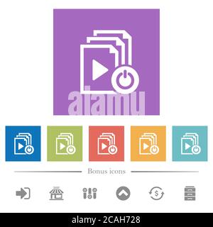 Exit from playlist flat white icons in square backgrounds. 6 bonus icons included. Stock Vector