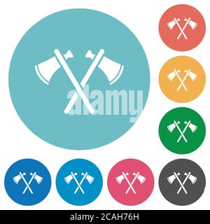Two tomahawks flat white icons on round color backgrounds Stock Vector