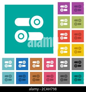 Toggle switches multi colored flat icons on plain square backgrounds. Included white and darker icon variations for hover or active effects. Stock Vector