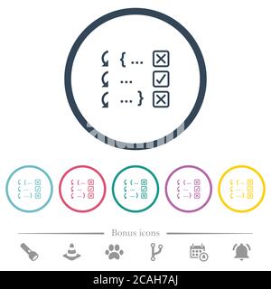 Debugging program flat color icons in round outlines. 6 bonus icons included. Stock Vector