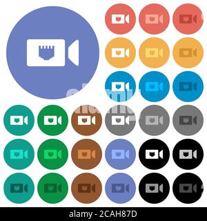 IP camera multi colored flat icons on round backgrounds. Included white, light and dark icon variations for hover and active status effects, and bonus Stock Vector