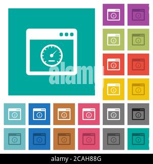 Application speed multi colored flat icons on plain square backgrounds. Included white and darker icon variations for hover or active effects. Stock Vector