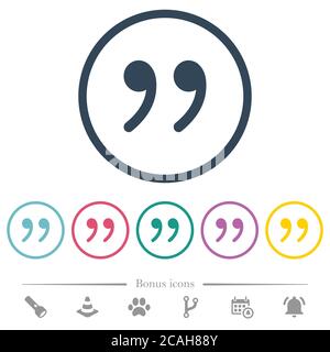 Quotation mark flat color icons in round outlines. 6 bonus icons included. Stock Vector
