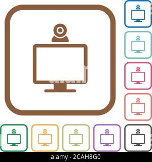 Monitor with webcam simple icons in color rounded square frames on white background Stock Vector