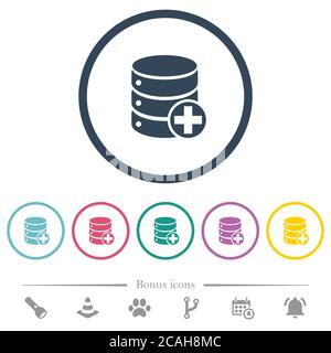 Add to database flat color icons in round outlines. 6 bonus icons included. Stock Vector