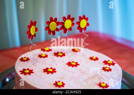 Big cake decorated with berries and flowers with a first birthday candle Stock Photo