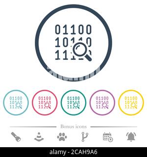 Code analysis flat color icons in round outlines. 6 bonus icons included. Stock Vector