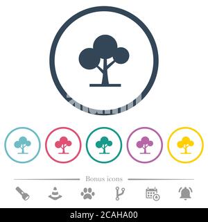 Leafy tree flat color icons in round outlines. 6 bonus icons included. Stock Vector