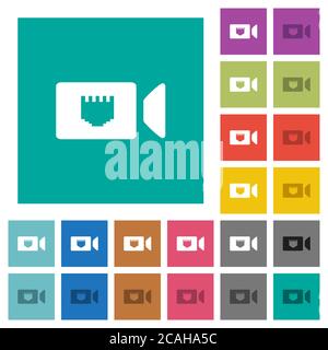 IP camera multi colored flat icons on plain square backgrounds. Included white and darker icon variations for hover or active effects. Stock Vector