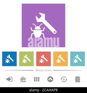 Bug fixing flat white icons in square backgrounds. 6 bonus icons included. Stock Vector