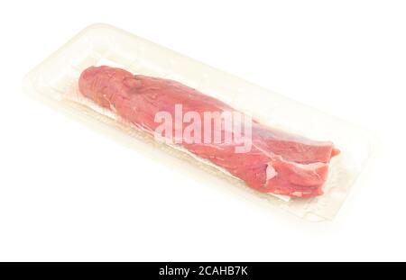 Raw pork loin in plastic packaging tray isolated on a white background Stock Photo