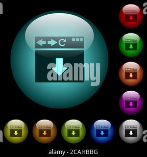 Browser scroll down icons in color illuminated spherical glass buttons on black background. Can be used to black or dark templates Stock Vector