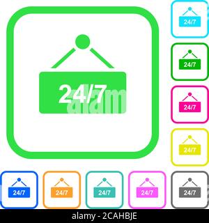 hanging table with 24h seven days a week vivid colored flat icons in curved borders on white background Stock Vector