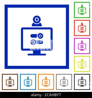 Webcam tweaking flat color icons in square frames on white background Stock Vector