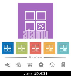 Dashboard tools flat white icons in square backgrounds. 6 bonus icons included. Stock Vector