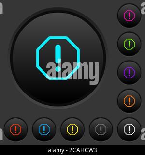 Octagon shaped error sign dark push buttons with vivid color icons on dark grey background Stock Vector