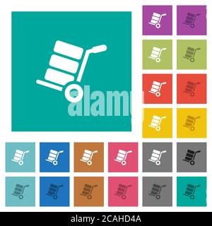 Hand truck with boxes multi colored flat icons on plain square backgrounds. Included white and darker icon variations for hover or active effects. Stock Vector