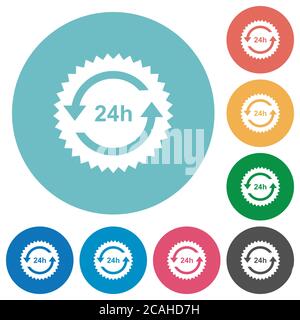 24 hours sticker with arrows flat white icons on round color backgrounds Stock Vector