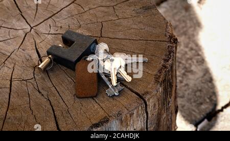 A bunch of keys and a padlock lie on a wooden background. High quality photo Stock Photo