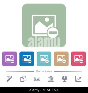 Remove image white flat icons on color rounded square backgrounds. 6 bonus icons included Stock Vector