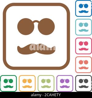 Glasses and mustache simple icons in color rounded square frames on white background Stock Vector