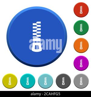 Vertical zipper round color beveled buttons with smooth surfaces and flat white icons Stock Vector