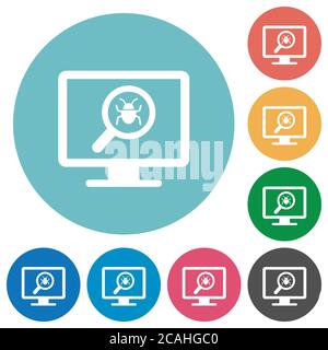Spyware scanning flat white icons on round color backgrounds Stock Vector