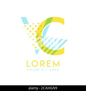 VC natural logo design with yellow and ocean blue color that can be used for creative business and advertising. CV logo is filled with bubbles and dot Stock Vector