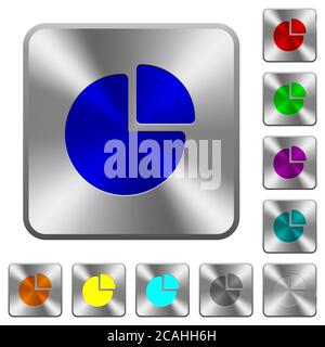 Pie chart engraved icons on rounded square glossy steel buttons Stock Vector